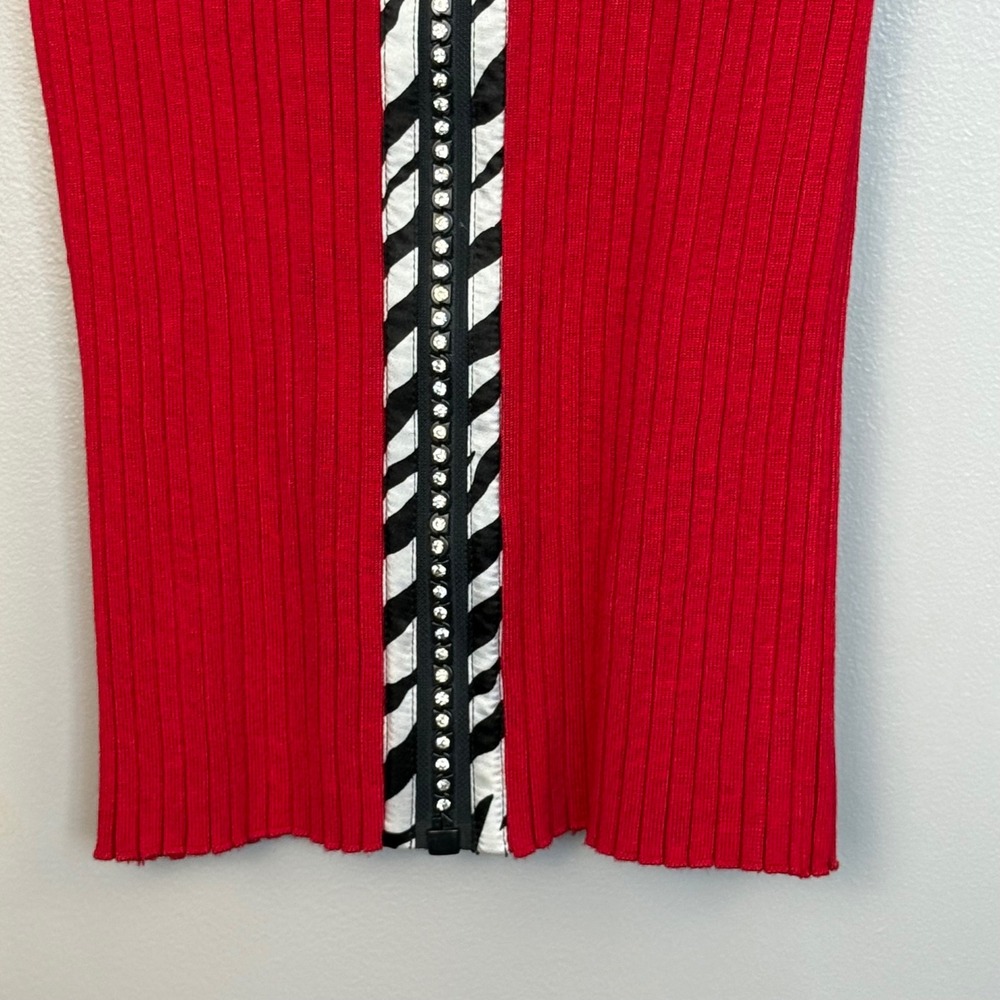 Y2K Belldini Ribbed Zip Top‎ Women's Small Red Zebra Collar Rhinestone - Picture 3 of 7